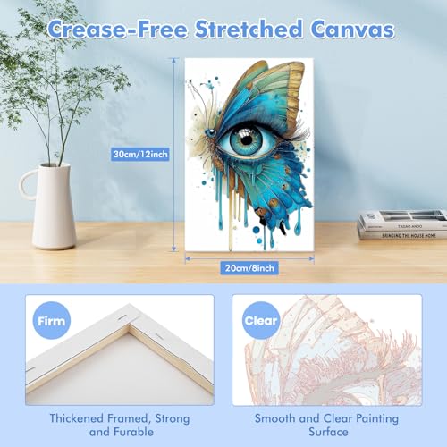 Bowetile Framed Paint by Numbers Eyes Kit for Adults, Adults' Paint-by-Number Kits on Canvas, Painting by Numbers Butterfly, Acrylic Number Painting Gifts for Home Wall Decor, 8x12in - color: Eyes, Butterfly