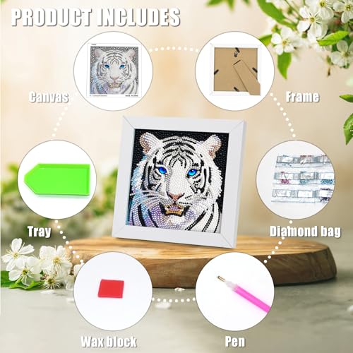 Leixonl Diamond Art Kits for Kids with Framed (7 in) Cartoon Animals DIY Gem Art Painting - Arts & Crafts Gifts for Beginners & Teens (1p-6in Tiger -W) - color: Tiger -W