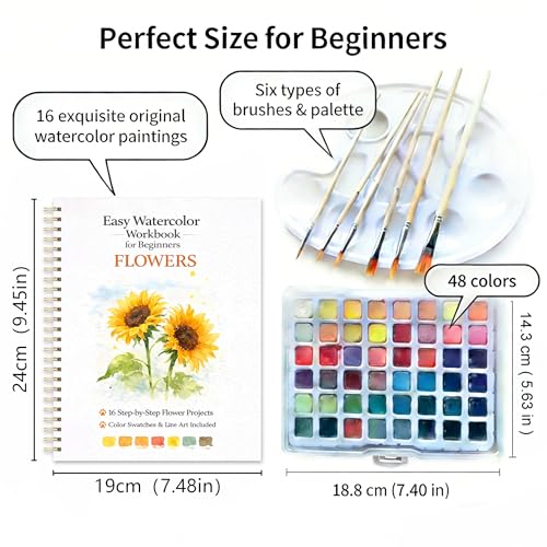 Watercolor Workbook for Beginners – Flowers, 16 Original Watercolor Projects, Watercolor Kit with 48 Colors Paint Set, 6 Brushes & Palette,Watercolor Workbook for Adults, Creative Art Gift - color: Flowers, size: with palette