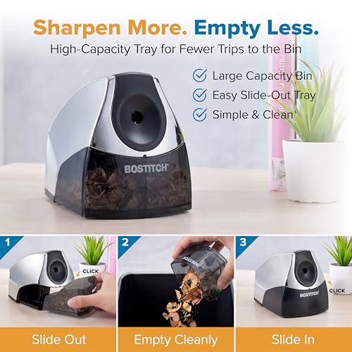 Bostitch Office Electric Pencil Sharpener for Classroom & Desk Use, Heavy-Duty Stall-Free Motor, High-Capacity Shavings Tray, Chrome - color: Chrome