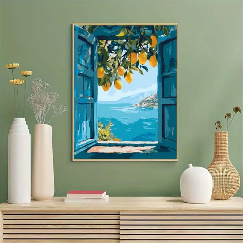 GEMOUJ Lemon Tree Paint by Numbers Kit for Adults,DIY Paint by Number Kit on Canvas for Window Seaside Home Wall Decor Art Canvas Acrylic Paints Crafts 16 x 20 Inch - color: MT22701