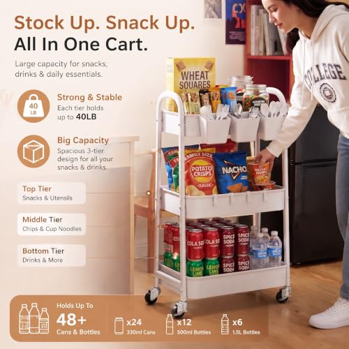 3 Tier Rolling Cart Metal with Wheels, Heavy Duty White Three Tiered Craft Cart Organizer on Wheels, Utility Roller Storage Carts for Art, Baby Nursery, Diaper Caddy, Snack,Book,Nail,Cleaning Supplies - color: Pure White