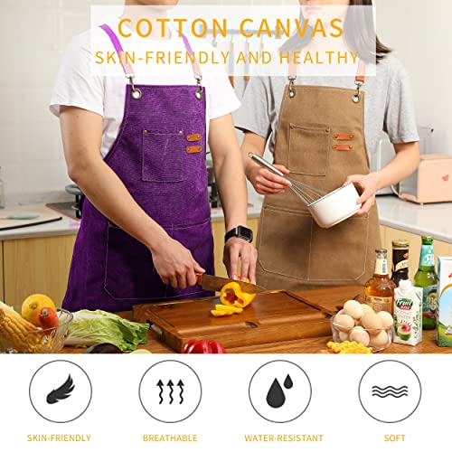 Tosewever Canvas Cross Back Chef Cotton Aprons for Men Women with Large Pockets - color: Purple