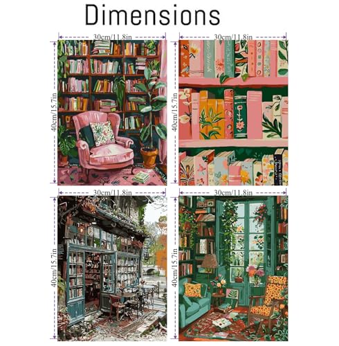 Clendo 4 Packs Study Room Paint by Numbers Kit for Adults Beginner, Bookshelf Adult Paint by Number on Canvas, DIY Street Acrylic Oil Easy Painting by Numbers for Home Wall Decor 12X16 inch - color: MT22885-MT22886-MT22887-MT22888-US