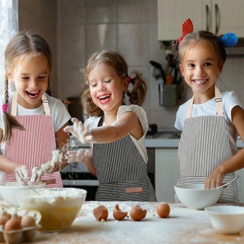 3 Pack Stripes Kids Apron, Adjustable Kids Cooking Aprons with 2 Pockets, Cute Chef Baking Aprons for Boys and Girls - color: Black + Grey + Pink, size: 45x50cm