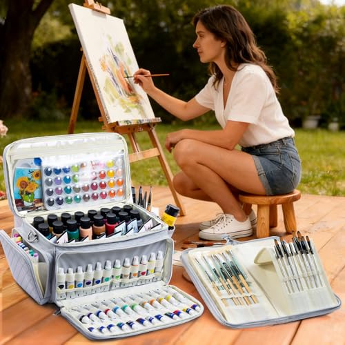 SFYBYHEART Quilted Acrylic Paint Organizer Bag with 13" Brush Holder Case, Art Supply Storage Bag with Foam Inserts for Bottles & Tubes, Large Craft Paint Organizer for Artists - color: Grey