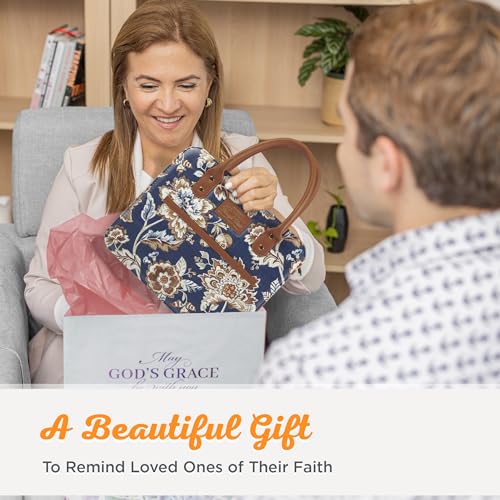 Christian Art Gifts Fashion Vegan Leather Purse Style Bible Cover Case for Women: All Things Through Christ Gold Inspirational Scripture, Pen Loops, Two Handles, Pockets, Navy & Brown Floral, Medium - size: Medium