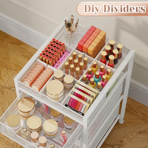 JKsmart Rolling Makeup Cart Organizer with 3 Drawers, Cosmetics Display with Dividers, Floor Skincare Storage with Wheels, Versatile Vanity Organizer for Nail Polish Perfume Brush Hair Tool, White - color: White, size: 4 Tier with 3 Drawers