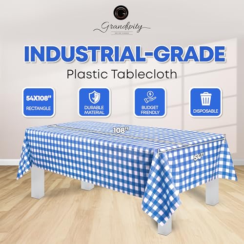 Grandipity Blue Gingham Checkered Plastic Table Cloth Disposable (6 Pk) 54in x 108in Plastic Tablecloths for Rectangle Tables - Premium Party Table Cloths Disposable for 6ft to 8ft Rectangle Tables - color: Blue Gingham Checkered, size: 54 inches x 108 in