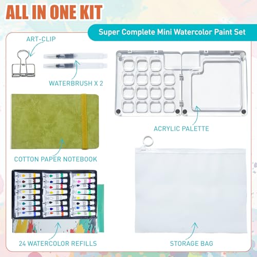 Krbnk Mini Watercolor Travel Set 24 Vibrant Colors Acrylic Grid | 15 Grids Palette with Sketchbook and Waterbrushes All In One Portable Painting Kit for Artists and Students - size: 15 Grid Acrylic