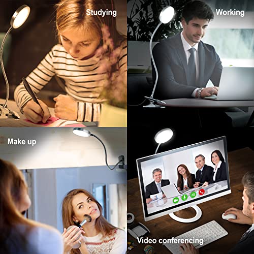 LiFMIRA Clip on Lamp Reading Light 5 Color Modes 10 Brightness 8W Silver | 66 LED Eye Caring Metal Clamp Light Gooseneck Clip on Light for Bed Headboard Desk Video Conferencing Make up - color: Silver