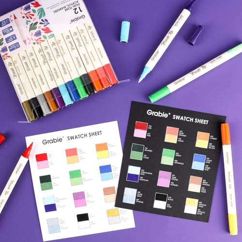 Grabie 24 Color Acrylic Paint Markers, Pack of 12 Dual Tip Brush Pens | 24 Colors in 12 Markers,Dual Tip Soft Brush Design,Water-Based Acrylic Ink For Paper, Rock, Wood, Canvas, Glass & Fabric - color: A.12Pcs-24Dual Tone Colors