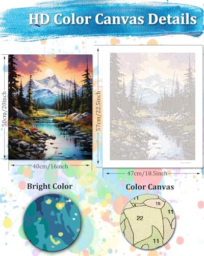 TOCARE Mountains Paint by Numbers Kit for Adults Beginners, Adult Paint by Number Kits Mountain Streams, Acrylic Adults’ Paint-by-Number Kits Nature 16x20inch - color: Mountains Stream