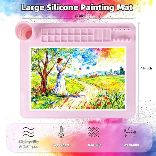 Silicone Painting Mat, 20"X16" Craft Mat,Large Art Mat Clay Mats | Paintbrush Holder, Nonslip Color Dividers Silicone Mats with Built in Cup for Painting, Table, Resin and DIY Pink - color: Pink