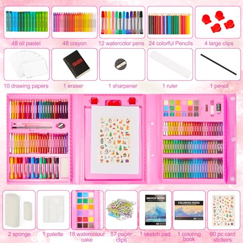 KINSPORY Art Set for Kids, 290 Pack Double-Side Easel Drawing Kits (Pink) | Creative Gift, art & crafts supplies, Coloring, oil pastel, crayon, colored pencil, watercolour pen, Beginner Artist Girl Boy - color: Pink