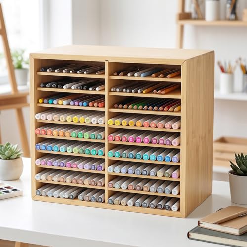 Wooden Marker Organizer for Desk, Hold 144 Markers with 9 Compartments | Art Supply Storage Holder for Alcohol Markers, Pens, Pencils, Home Classroom Office Decor