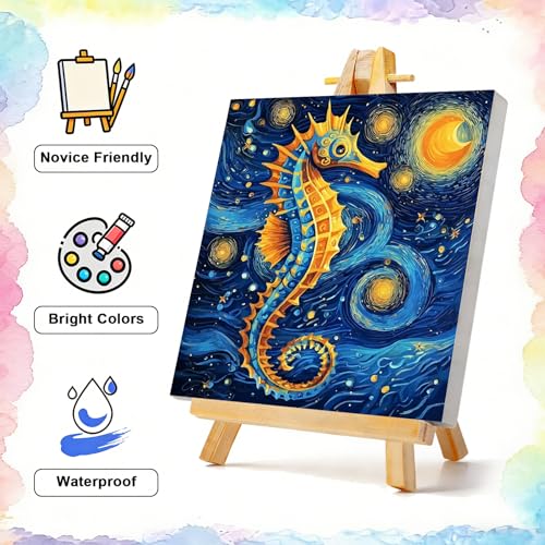 TBAIRO Starry Night Framed Paint by Numbers Kit for Adults Beginner Seahorse DIY Painting Kits for Kids Ages 8-12 Animals Easy Adult Paint by Number Kits on Canvas for Wall Art Decor 8x8 Inch - color: Seahorse