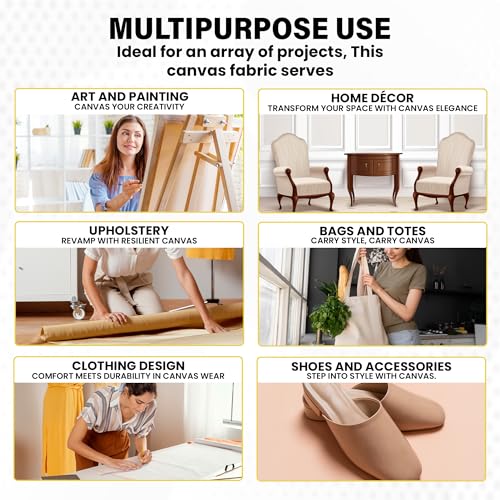FabricLA Canvas Fabric 7oz Cotton Duck Cloth 62" Wide Natural Heavy Duty Fabric for Painting, Upholstery, Tote Bags, Sewing, Arts & Crafts, Home Decor – Sold by the Yard - 10 Yard Pre Cut - color: Natural 7oz, size: 10 Yard Pre Cut