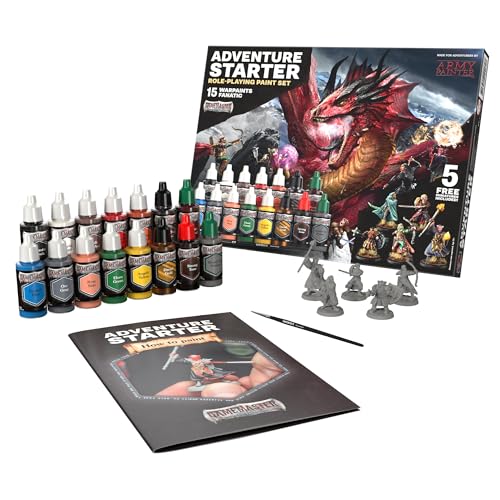 The Army Painter, GameMaster Adventure Starter Set, 15 x 18 ml | 15 x 18ml Warpaints Fanatic Acrylic paints, incl. a Brush-On Primer, 5 FREE Miniatures & 1 Brush - For Warhammer & Dnd - color: Adventure Starter Paint Set