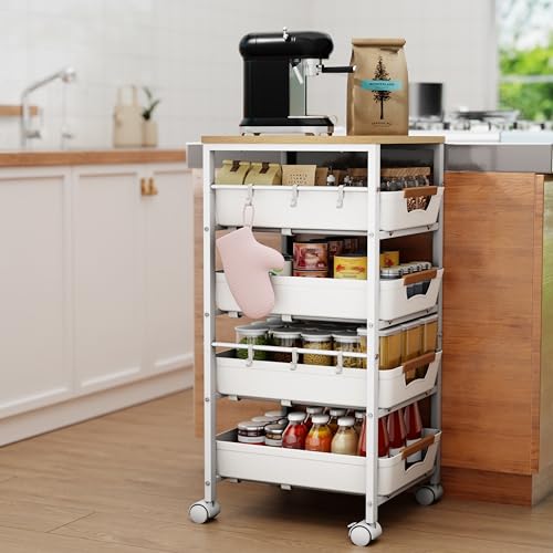 5-Tier Kitchen Storage Cart, Wood Top Rolling Cart Organizer with Pull-Out Baskets & Wheels, Metal Snack Cart with Holder for Fruit, Vegetable, Microwave, Kitchen, Pantry, White - color: White, size: 12.8" W × 14.37" D × 32.28" H
