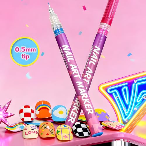Nail Art Marker Pens, 12 Colors Fine Tip 0.5mm Nail Art Marker Pens for Detailing, Line Drawing & Dotting, DIY Nail Design Kit for Salon & Home Manicure - color: Multicolor D