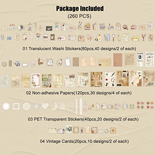 Esweny 260PCS Vintage Journaling Scrapbooking Supplies Scrapbook Sticker Paper Ephemera Pack for Junk Journal Planners Collage Craft Notebooks Album (Pen Ink and Letter) - color: Pen Ink and Letter