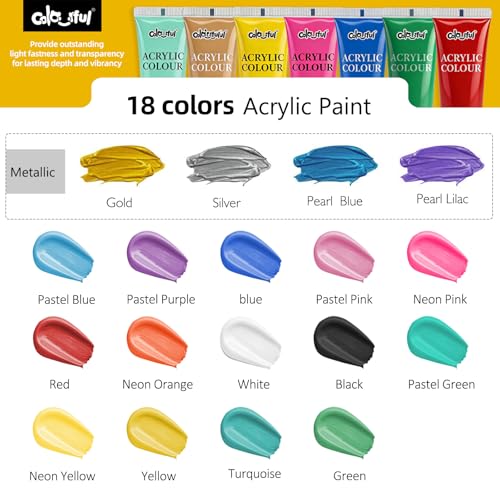 Colorful Basic Acrylic Paint Set, 18 Pack with Brush & Palette, Craft Paint