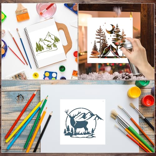 Keluna Forest Wood Burning Stencils - 12 Pcs Mountain Forest Stencils for Painting on Wood, Reindeer Forest Wall Stencils for Painting Large Pattern - style: mountain scenery
