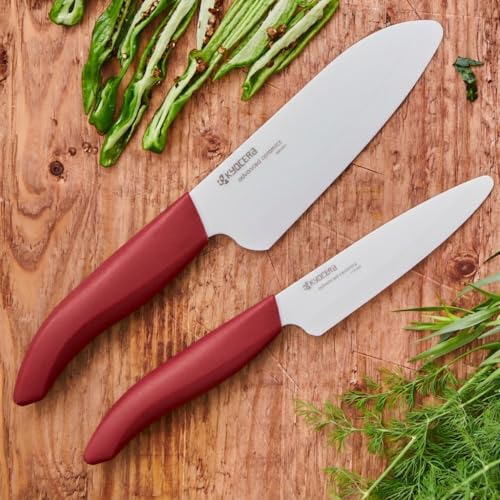 Kyocera Revolution Series 2-Piece Ceramic Knife Set: 5.5-inch Santoku Knife and a 4.5-inch Utility Knife, Red Handles with White Blades | KYOCERA Revolution Ceramic Knife Duo: 5.5” Santoku & 4.5” Utility Blades for Precise Slicing, Trimming, and Daily Mea