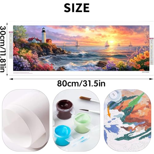 Bimkole Lighthouse Paint by Number for Adults, DIY Oil Painting Kit Landscape on Canvas with Paintbrushes and Acrylic Pigment, for Paint by Numbers for Beginner, for Home Wall Decor 31.5x11.81 Inch - color: 001-Lighthouse