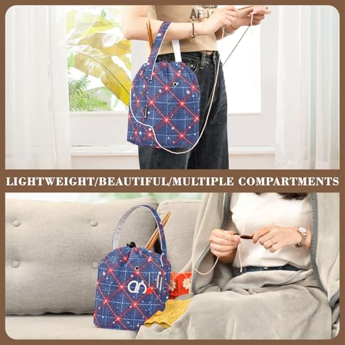 Blue Retro Plaid Stars Yarn Bag Small Crochet Bag Drawstring Yarn Storage Organizer Knitting Project Bags Potable Yarn Holder with Holes Handle Crocheting Needles Knitting Accessories - color: Blue Retro Plaid Stars