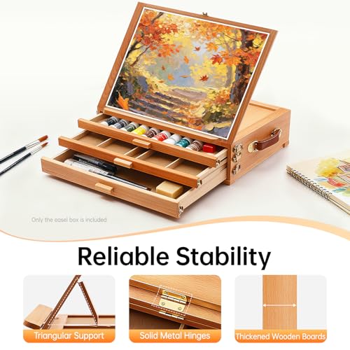 Large Adjustable Artist Tabletop Sketchbox Easel, Multi-Function Solid Beech Wood Storage Box Easel with 3-Drawer for Artist, Art Students & Beginners