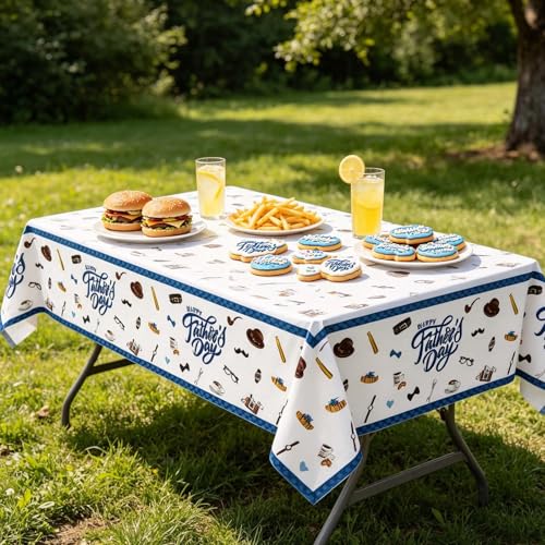 Qpout 3 Pack Happy Father's Day Tablecloths, Waterproof Plastic Disposable Rectangle Blue Table Cover for Dad's Party Decorations, 108 x 54 Inch