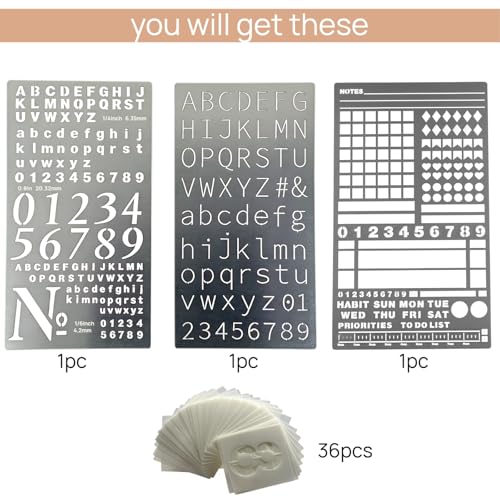 3 Pcs Metal Planner Stencil Journal Stencil, Rustproof Engraving Stencils with 36 Pcs Letter Stencils and Numbers for Journaling, Bookmarks, Rulers, Planners, Scrapbooks