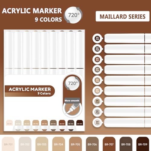 Water Based Acrylic Paint Markers Brown, 9 Colors Paint Pen Set | Maillard Series, Soft Brush Tip, Smooth Writing, Marker Pen for Rock Painting, Egg, Wood, Glass, Mugs, Black Paper - color: Maillard Series