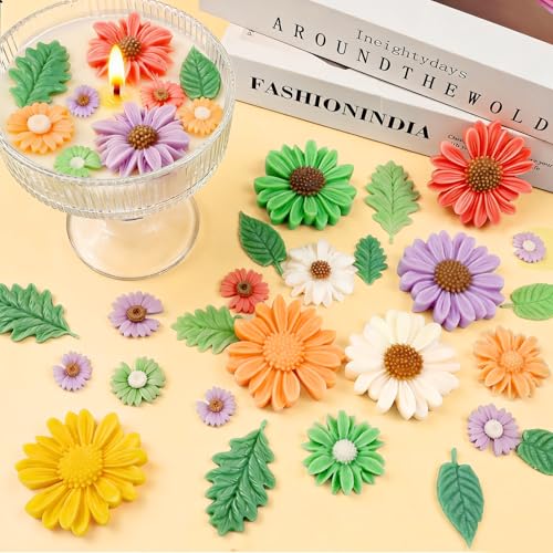 Daisy Candle Molds, Set of 4 Daisy Flower Molds with Leaf Molds - color: 4 PCS Daisy Molds with Leaf Mold