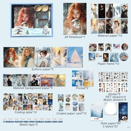 Scrapbooking Supplies Kit, Vintage People Aesthetic Scrapbook Kit, Junk Journal Supplies with Scrapbook Paper, Scrapbook Stickers, A6 Grid Notebook, Stationery, Journaling Supplies for DIY Art Craft - color: Gentle Years