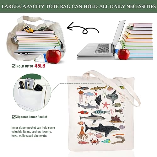 Canvas Aesthetic Tote Bag for Women with Inner Pocket Totes Shoulder Book Bag Shopping Reusable Grocery Bags - color: Sea Life Tote Bag