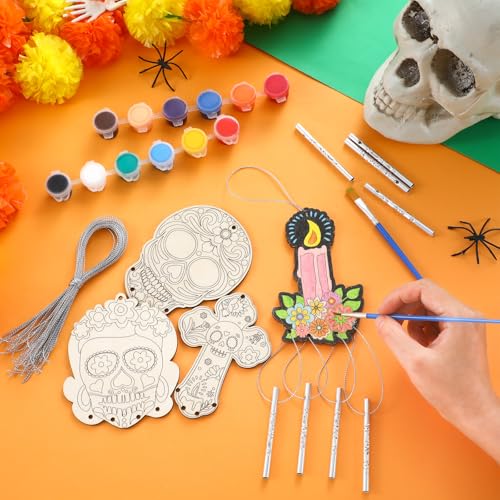 Silipull 24 Sets the Day of Dead Skull Wood Wind Chime Kit for Kids | Unfinished Wooden Chimes with Paints, Color Your Own Designs, School Projects, Party Crafts, Home Hanging Ornaments - style: the Day of Dead