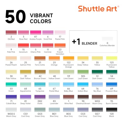 Shuttle Art Alcohol Markers Brush tip, Dual Tip Brush & Chisel Tip Art Marker Set, 50 Colors plus 1 Blender Permanent Marker Pens with Case Perfect for Illustration Students Adults Coloring - color: Assorted