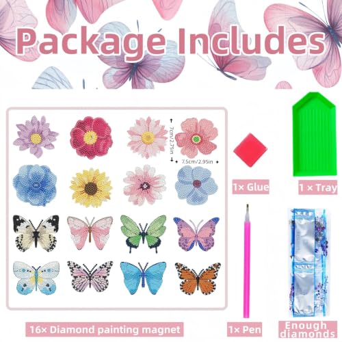 16 Pcs Butterfly Diamond Painting Magnets Kits Flower Diamond Art Fridge Magnet Refrigerator Sticker Diamond Painting kit for Beginners Adults DIY Art Craft Gifts Home Decors - color: Butterfly