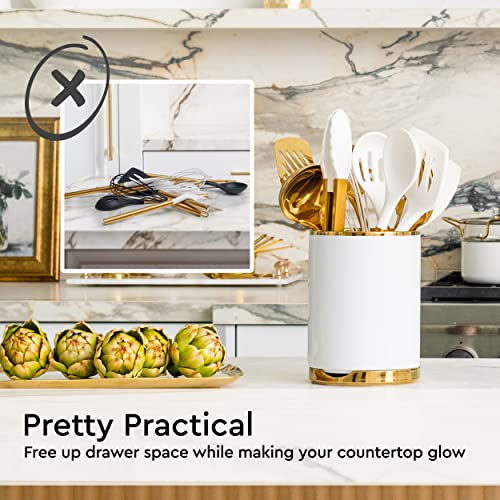 STYLED SETTINGS White Utensil Holder with Built-In Ceramic Spoon Rest | 2-Piece White and Gold Spatula Holder, Kitchen Accessory, Utensils Not Included, White & Gold - color: White & Gold
