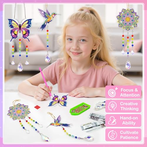 Arts and Crafts for Kids Ages 8-12, Diamond Art Kits for Kids Birthday Gifts for 5 6 7 8 9 10 11 Year Old Girls Diamond Painting Kits for Adults Teen, Gem Art Suncatcher Wind Chime for Home Garden