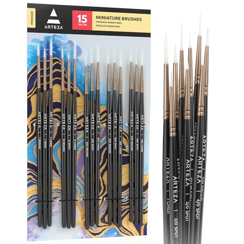 ARTEZA Detail Paint Brushes, Set of 15, Miniature Paint Brush Set with Spot, Round and Liner Tips, Fine Tip Paint Brushes for Acrylic Painting, Watercolor, Models, Crafts and Canvas - style: Detail Paint Brushes