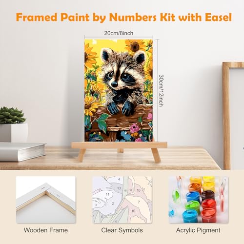 MOGTAA Paint by Numbers Kit for Adults Beginners with Frame, Raccoon Adult Paint by Number Kits on Canvas with Easel, Easy DIY Animal Oil Painting Kits for Home Decor, 8x12in - color: Raccoon