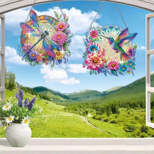 Muzagroo Art 5D Hummingbird Diamond Art Kits for Adults, Hanging Ornament Kits for Windows, DIY Special Shaped Diamond Art Suncathcer, Crystal Window Hanging Pendant Ornament 2PCS (Hummingbird) - color: Hummingbird
