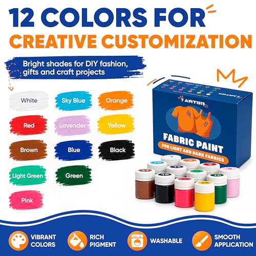 Fabric Paint Set for Clothes 12 Colors (20 ml/0.7 oz) – Permanent Textile Paint for T-Shirts, Shoes, Canvas & Tote Bags | Rich Colors Fabric Paints for DIY, Crafts | Washable After Drying - color: Paint Set 12 Colors x 20 ml