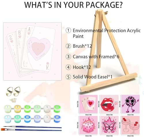 6 Pack Framed Adult Paint by Number Beginners with Wooden Easel,Pink Vintage Adults' Paint-by-Number Kits,Retro DIY Acrylic Paint Kit with Frame,Easy Paint by Numbers Canvas for Decor 8x8 inch - color: BKH2474~BKH2479