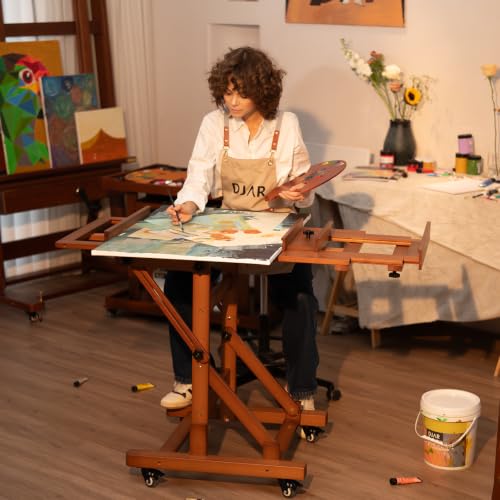 DJAR Extra Large H-Frame Studio Art Easel with Lockable Casters, Walnut | Movable Wooden Tilts Flat Heavy Duty Floor Stand, Solid Beech Wood Art Easel For Artists, Hold 1 or 2 Canvas up to 79"