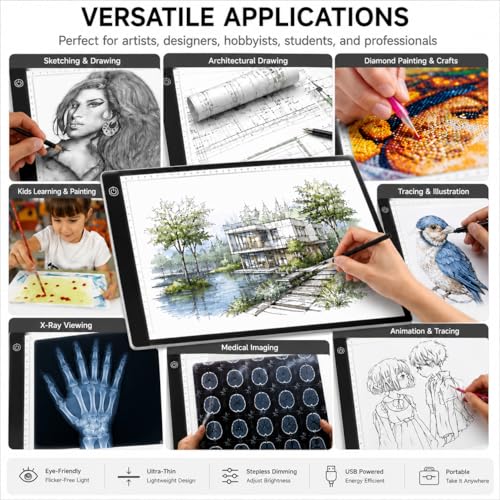A4 LED Tracing Light Box丨Light Pad - Copy Board with Full-Edge Ruler Frame丨3 Adjustable LED, Premium Acrylic for Art, Drawing, Sketch, Animation, Design, Tattoo, Diamond Painting, X-ray Viewing